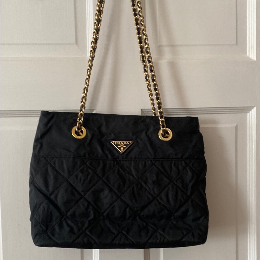 Prada Black Quilted Tote Bag with Gold Chain